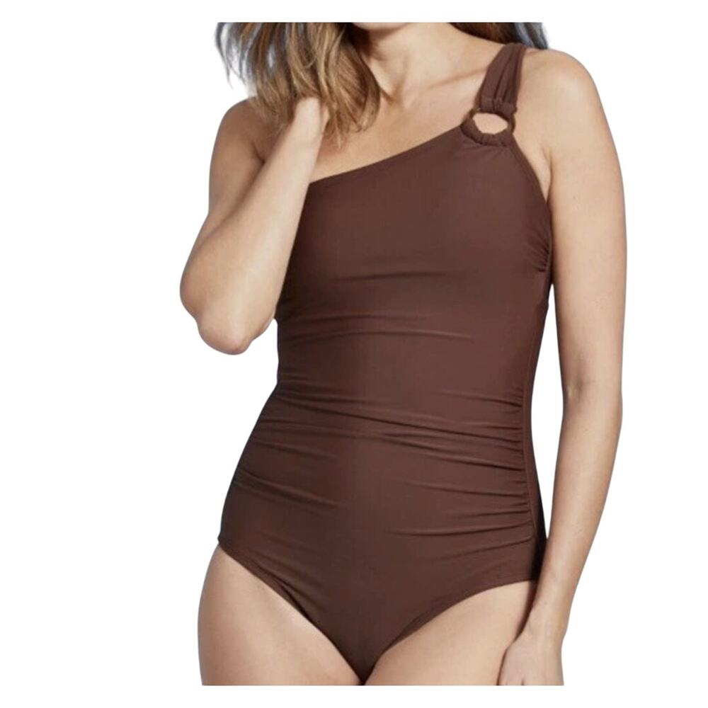 Kona Sol Womens Brown Asymmetrical Ring Swimsuit Rouched Sides Size XL